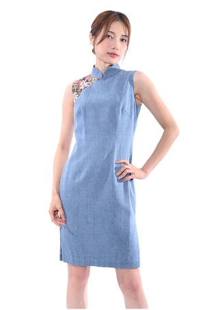 Line & Curve牛仔拼粉紅提花A型旗袍YL1118A-2
