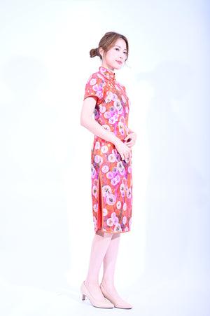 Line&Curve意大利料真絲橙紅底蒲公英花短袖旗袍YL1186