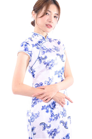 Line & Curve真絲提花青花小蓋袖旗袍YL1181