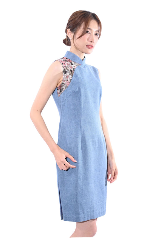Line & Curve牛仔拼粉紅提花A型旗袍YL1118A-2