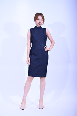 Line & Curve 深藍牛仔車玫瑰花亦袖旗袍YL1184-3