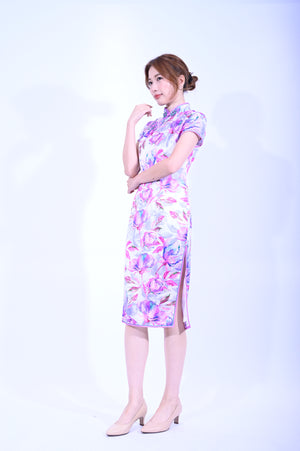Line & Curve意大利真絲白底玫紅花小短袖旗袍YL1177-5