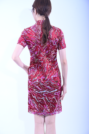 Line & Curve 紫紅底珠片短袖短旗袍 YL1171-2