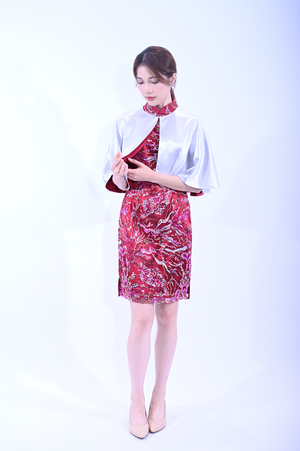 Line & Curve 紫紅底珠片短袖短旗袍 YL1171-2