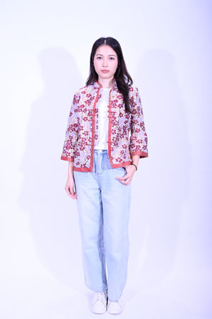 YUE HWA米底紅花滾邊上衣YL212-45