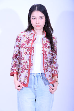 YUE HWA米底紅花滾邊上衣YL212-45