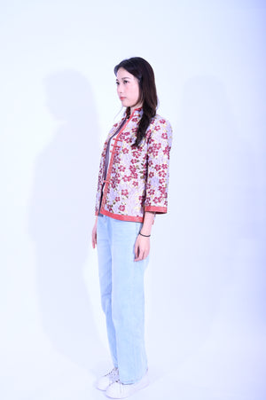 YUE HWA米底紅花滾邊上衣YL212-45