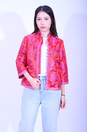 YUE HWA大紅底玫瑰花滾邊上衣YL212-44