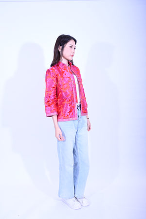 YUE HWA大紅底玫瑰花滾邊上衣YL212-44