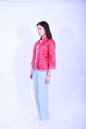 YUE HWA大紅底玫瑰花滾邊上衣YL212-44