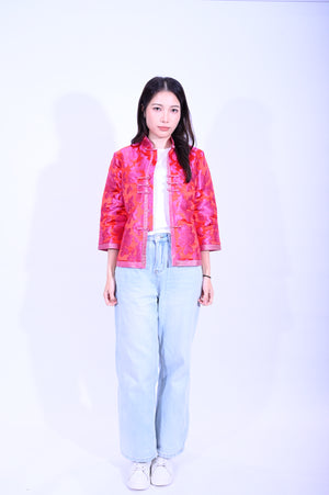 YUE HWA大紅底玫瑰花滾邊上衣YL212-44