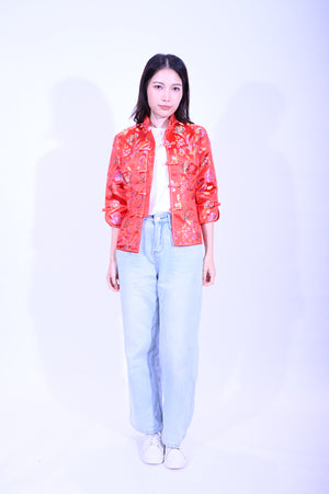 YUE HWA大紅彩花對襟中袖上衣 YL202-12
