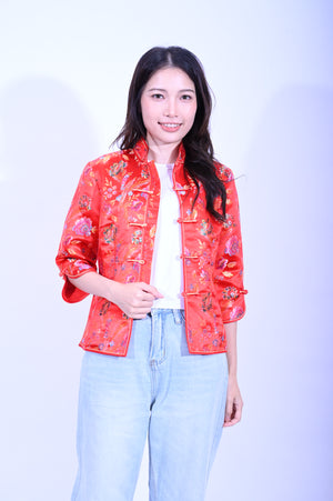 YUE HWA大紅彩花對襟中袖上衣 YL202-12