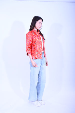 YUE HWA大紅彩花對襟中袖上衣 YL202-12
