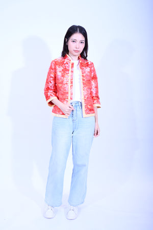 YUE HWA大紅底竹葉桃花金線滾邊上衣YL212-29