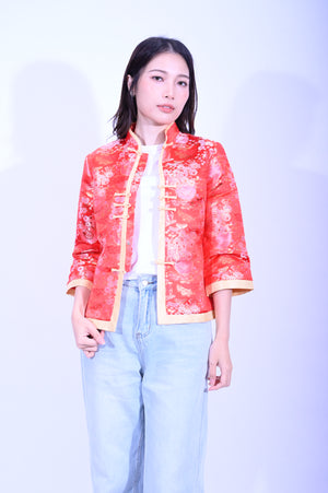 YUE HWA大紅底竹葉桃花金線滾邊上衣YL212-29