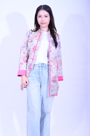 YUE HWA銀底彩牡丹花中長反袖外套YL260-5