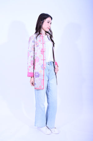 YUE HWA銀底彩牡丹花中長反袖外套YL260-5