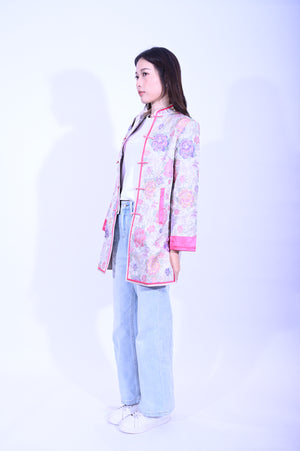 YUE HWA銀底彩牡丹花中長反袖外套YL260-5