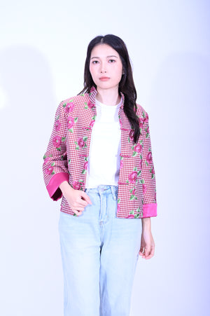 Line & Curve千鳥格玫瑰一字鈕明袋反袖外套YL246-32