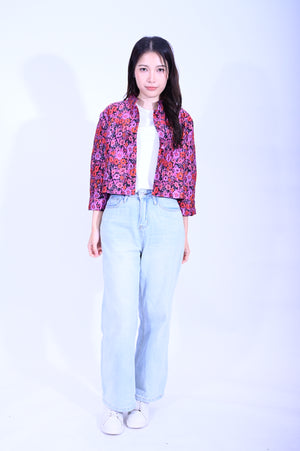 Line & Curve黑底粉紅花鈕扣反袖外套YL222B-12
