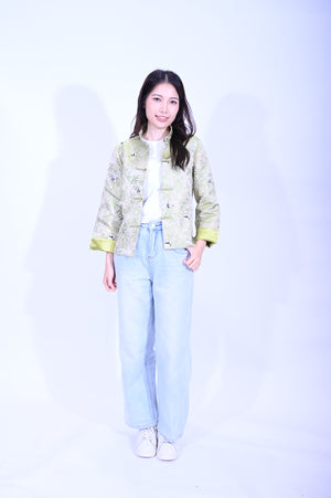 Line & Curve 新宋錦綠底熊貓雙色鈕明袋反袖外套YL246-25