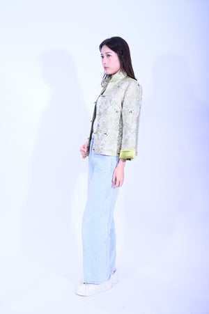 Line & Curve 新宋錦綠底熊貓雙色鈕明袋反袖外套YL246-25