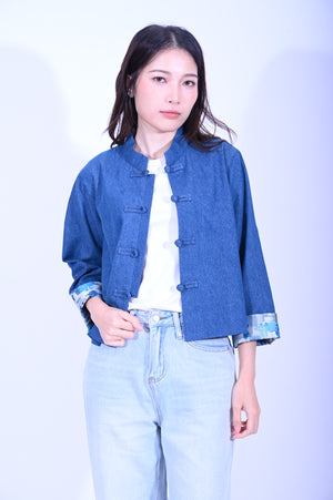 Line & Curve深藍牛仔拼藍水彩格一字鈕反袖外套YL222A-8