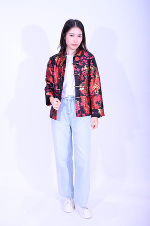 YUE HWA黑底紅金花斜插袋反袖夾棉外套YL271Q-2