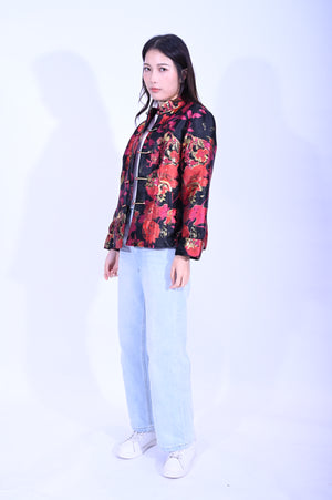 YUE HWA黑底紅金花斜插袋反袖夾棉外套YL271Q-2