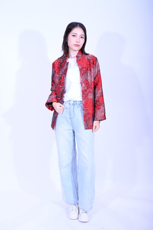YUE HWA 棗紅閃閃織花夾棉反袖外套YL271Q-1