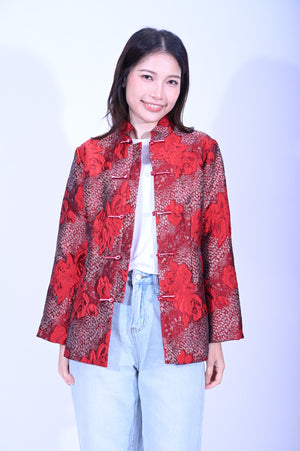 YUE HWA 棗紅閃閃織花夾棉反袖外套YL271Q-1
