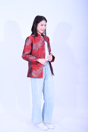 YUE HWA 棗紅閃閃織花夾棉反袖外套YL271Q-1