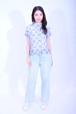 Line & Curve 苧麻藍花原身短袖鈕頭上衣S05R26-9