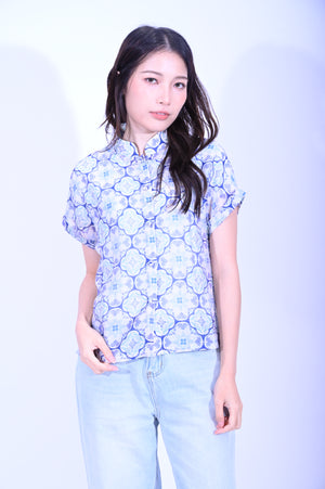 Line & Curve 苧麻藍花原身短袖鈕頭上衣S05R26-9