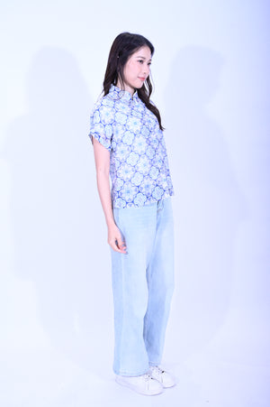 Line & Curve 苧麻藍花原身短袖鈕頭上衣S05R26-9
