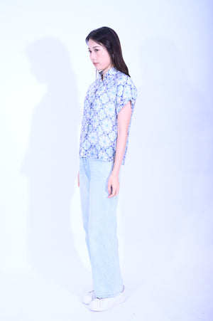 Line & Curve 苧麻藍花原身短袖鈕頭上衣S05R26-9