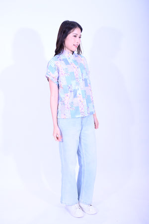Line  & Curve 棉質印百家布原身短袖鈕頭上衣S05C26-79