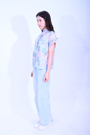 Line  & Curve 棉質印百家布原身短袖鈕頭上衣S05C26-79