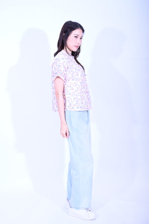 Line & Curve 棉質米底藍花原身短袖鈕頭上衣YL236F-9