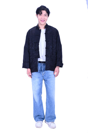 Mandarin Square 男裝黑色真絲八仙花脫毛領真絲棉衣