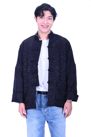 Mandarin Square 男裝黑色真絲八仙花脫毛領真絲棉衣