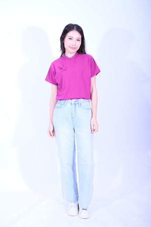 Line & Curve 棉質如意鈕連袖紫紅T恤YL266-3