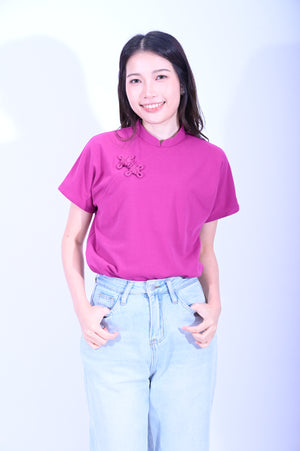Line & Curve 棉質如意鈕連袖紫紅T恤YL266-3