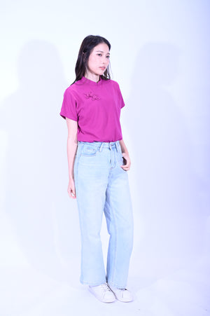 Line & Curve 棉質如意鈕連袖紫紅T恤YL266-3
