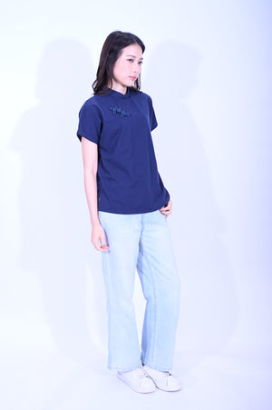 Line & Curve 棉質如意鈕連袖寶藍T恤YL266-2