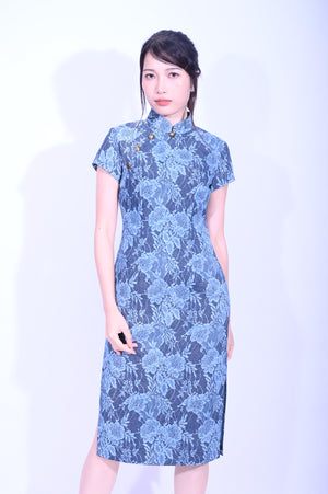 Line & Curve 中藍仿蕾士牛仔小短袖旗袍YL1187-2