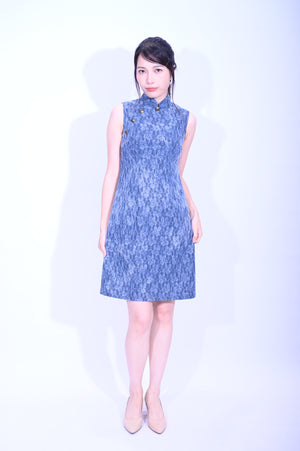 Line & Curve  深藍牛仔蕾士珠片亦袖A型旗袍YL1136-6