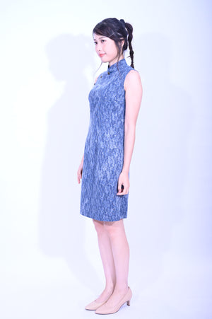 Line & Curve  深藍牛仔蕾士珠片亦袖A型旗袍YL1136-6