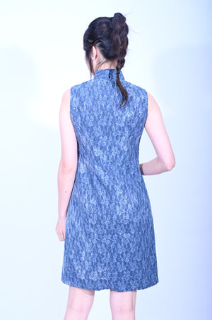 Line & Curve  深藍牛仔蕾士珠片亦袖A型旗袍YL1136-6